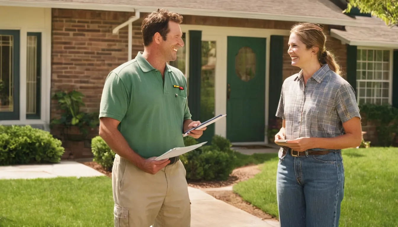 Friendly pest control provider talking with a homeowner at the front door of a brick ranch home in Schertz